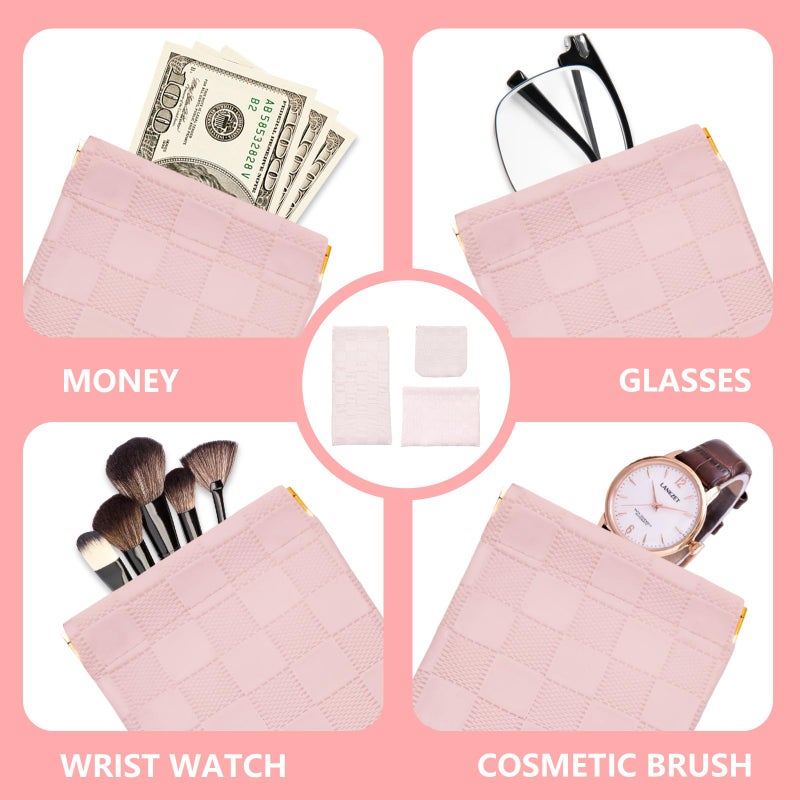 PENGJINYU 3PCS Small Makeup Bag for Women, Mini Cosmetic Bags Leather Pocket Pouch Purse,Snap Closure Waterproof Portable Bag,Checkered Storage Travel Bag for Lipstick Change Glasses Coin Cards (Pink) - Image 3