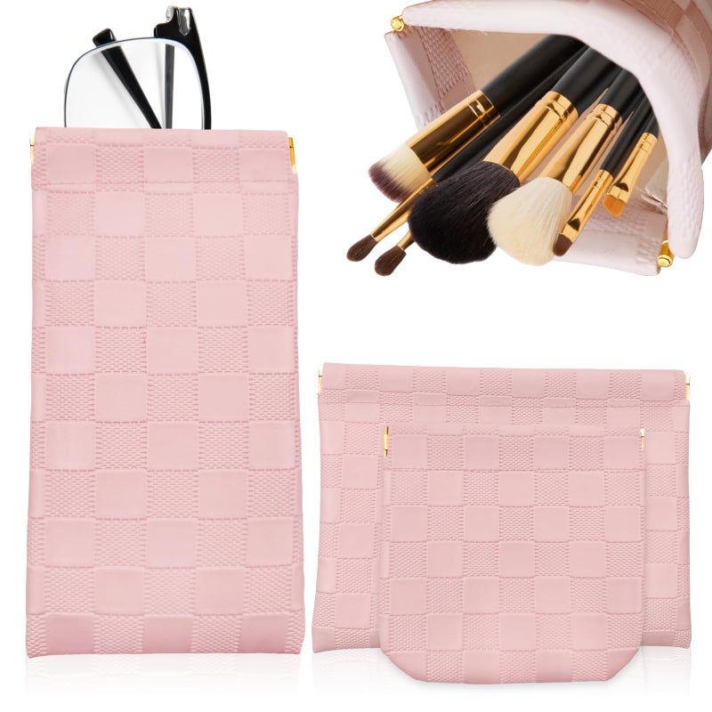 PENGJINYU 3PCS Small Makeup Bag for Women, Mini Cosmetic Bags Leather Pocket Pouch Purse,Snap Closure Waterproof Portable Bag,Checkered Storage Travel Bag for Lipstick Change Glasses Coin Cards (Pink) - Image 1