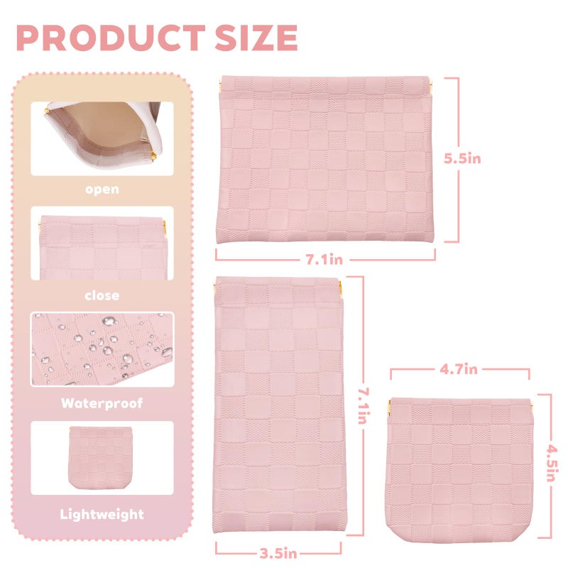 PENGJINYU 3PCS Small Makeup Bag for Women, Mini Cosmetic Bags Leather Pocket Pouch Purse,Snap Closure Waterproof Portable Bag,Checkered Storage Travel Bag for Lipstick Change Glasses Coin Cards (Pink) - Image 2