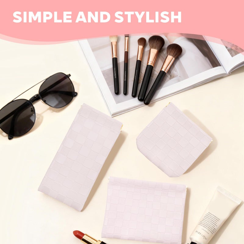 PENGJINYU 3PCS Small Makeup Bag for Women, Mini Cosmetic Bags Leather Pocket Pouch Purse,Snap Closure Waterproof Portable Bag,Checkered Storage Travel Bag for Lipstick Change Glasses Coin Cards (Pink) - Image 4