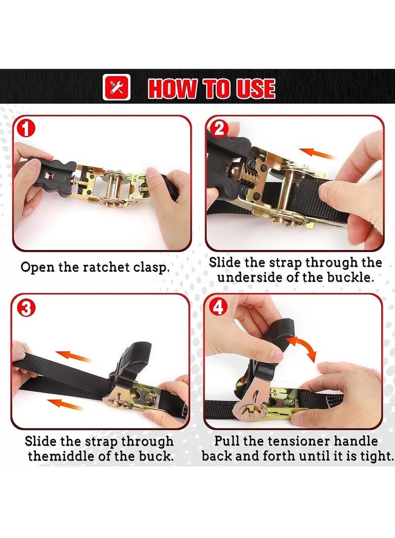 rocooart 20 FT Ratchet Straps Ratchet Tie Downs Straps 6M 25mm Heavy Duty Tensioning Belts Adjustable Cam Buckles Strap Lashing Straps for Motorcycles Car Trailer Household Black 2 Pack - Image 4