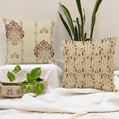 BRICK HOME Set of 2 Polycotton Printed Cushion Covers 24x24 Inches | Traditional Indian Motif & Geometric Design | Beige, Maroon & Pastel Shades | Soft Decorative Pillow Covers for Sofa & Couch - Image 1