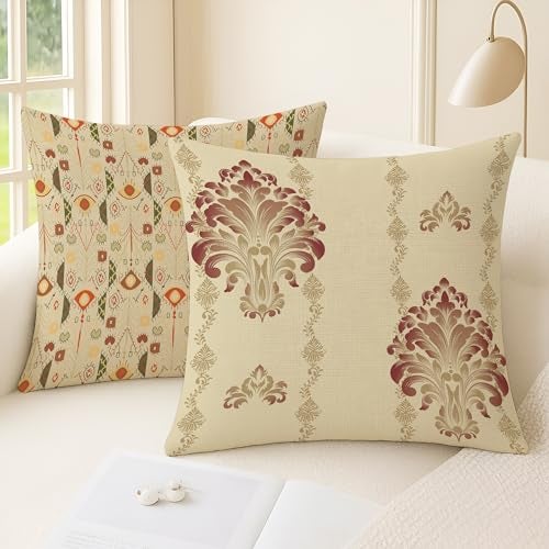 BRICK HOME Set of 2 Polycotton Printed Cushion Covers 24x24 Inches | Traditional Indian Motif & Geometric Design | Beige, Maroon & Pastel Shades | Soft Decorative Pillow Covers for Sofa & Couch - Image 2