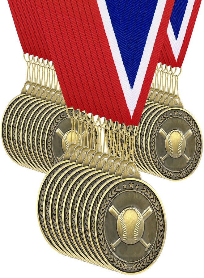 KisSealed 30 Pcs Baseball Medals for Teens, 2" Gold Winner Award Medals with Red White Blue Neck Ribbons, Zinc Alloy Metal Medals for Little League, School Tournaments & Team Party Favors - Image 1