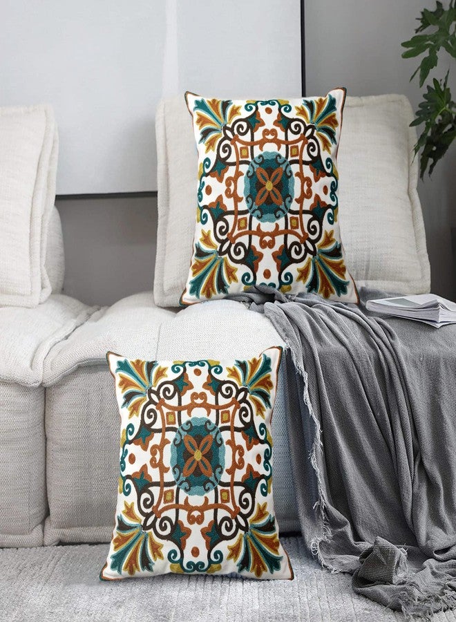 Alysheer Floral Embroidered Fall Decorative Throw Pillow Cover 18"x 18" Set of 2, Boho Farmhouse Embroidery Patterned Orange Teal Cushion Case for Sofa Couch Living Room Bedroom Outdoor - Image 3