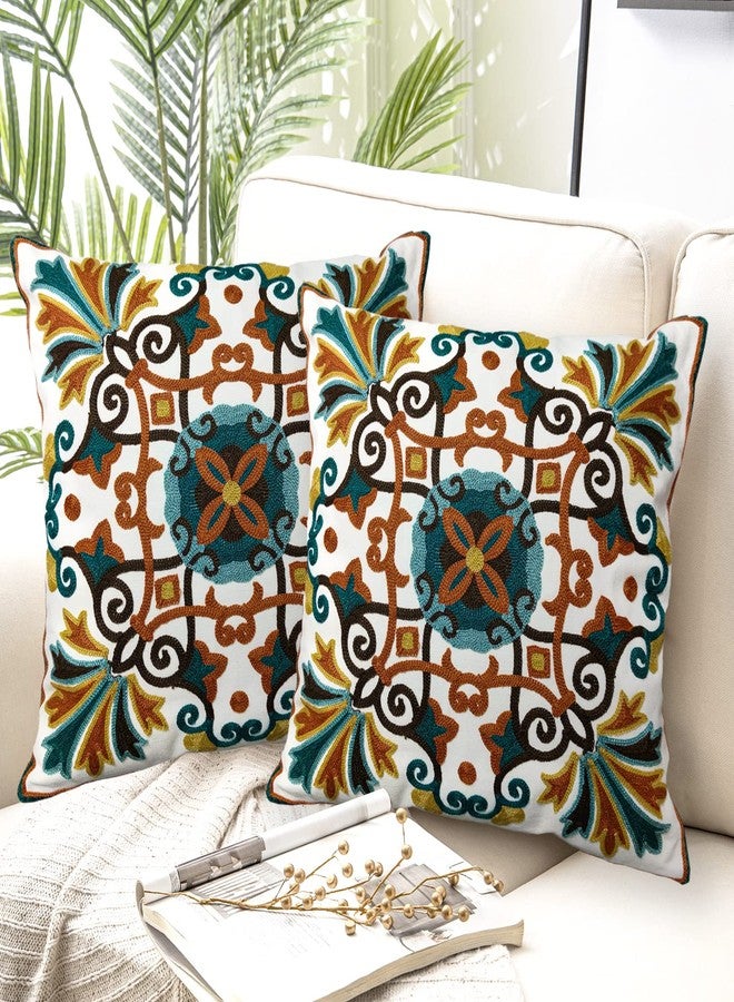 Alysheer Floral Embroidered Fall Decorative Throw Pillow Cover 18"x 18" Set of 2, Boho Farmhouse Embroidery Patterned Orange Teal Cushion Case for Sofa Couch Living Room Bedroom Outdoor - Image 1