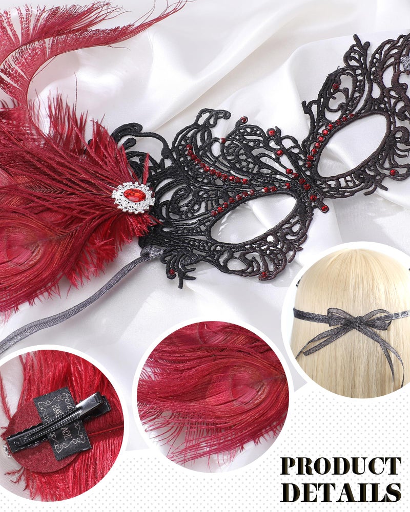 Zinniday Feather Red Masquerade Mask - Halloween Lace Eyemask with Removable Peacock Feathers, 1920s 50s Venetian Party Masks for Women Lady Couples Renaissance Cosplay Prom Dress Up - Image 4