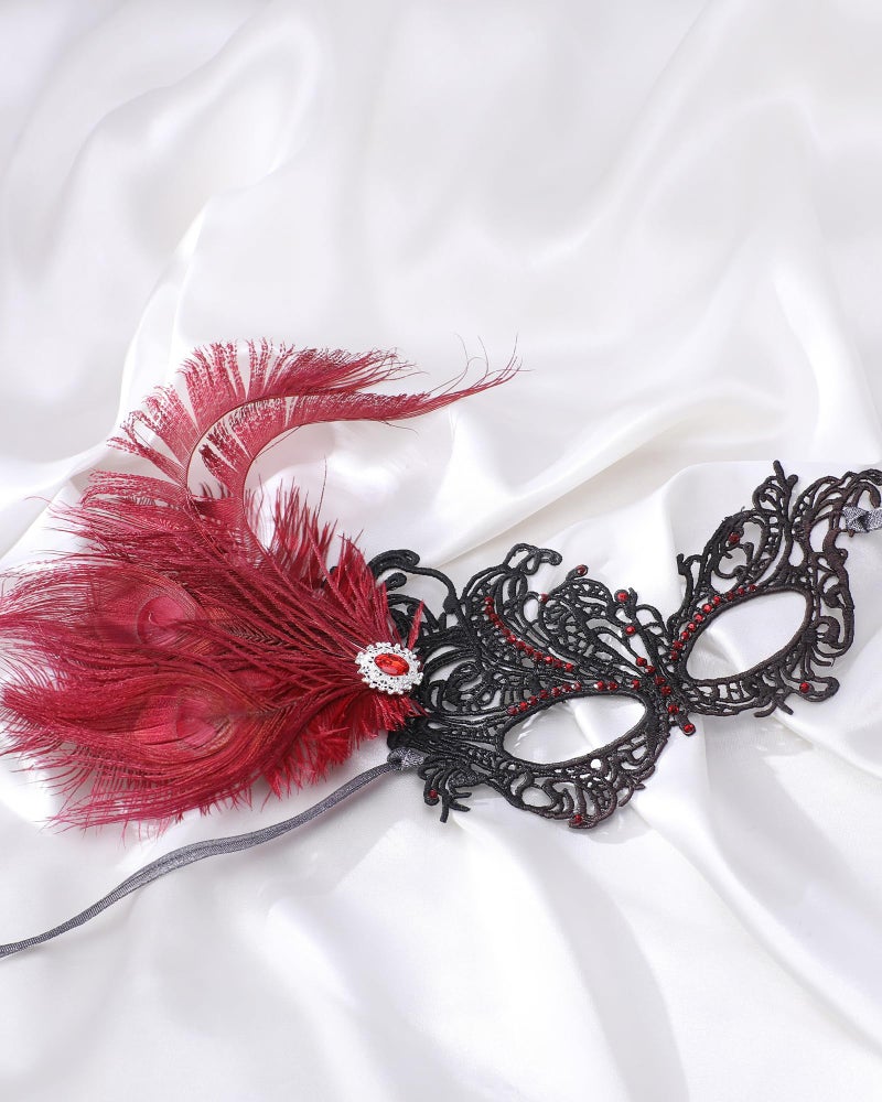 Zinniday Feather Red Masquerade Mask - Halloween Lace Eyemask with Removable Peacock Feathers, 1920s 50s Venetian Party Masks for Women Lady Couples Renaissance Cosplay Prom Dress Up - Image 3