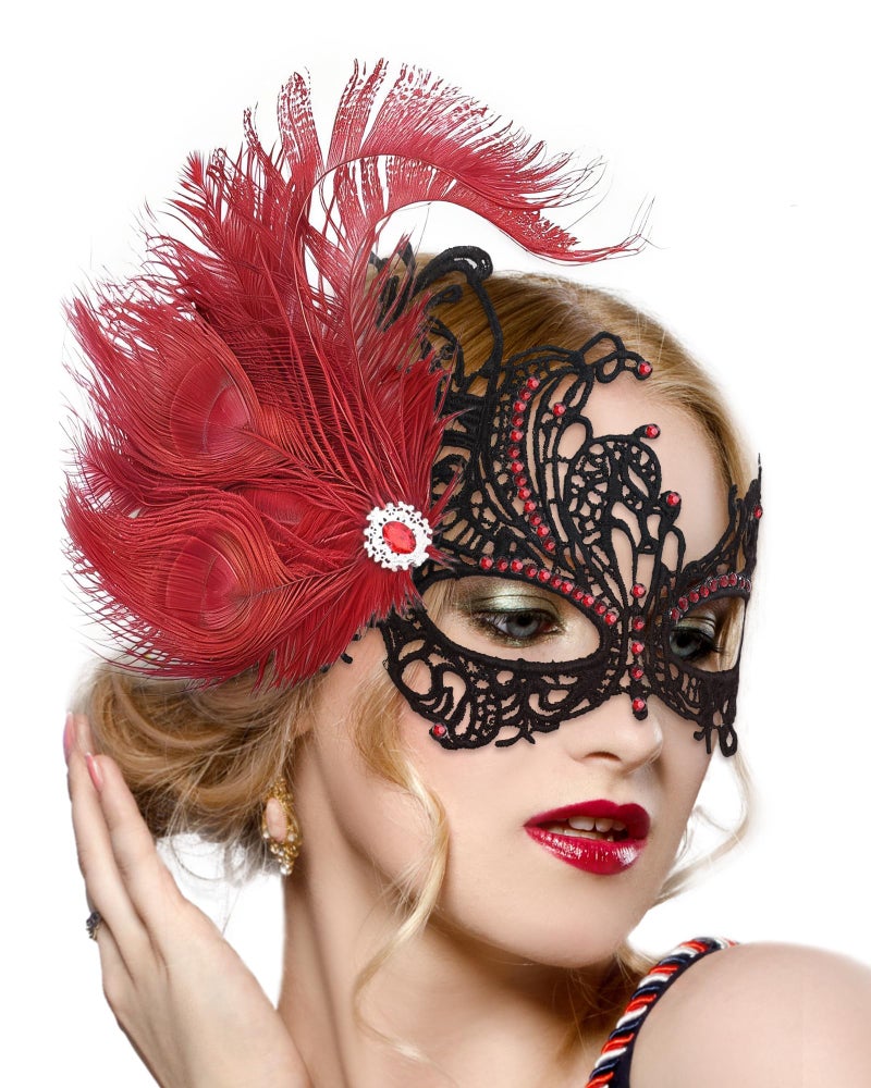 Zinniday Feather Red Masquerade Mask - Halloween Lace Eyemask with Removable Peacock Feathers, 1920s 50s Venetian Party Masks for Women Lady Couples Renaissance Cosplay Prom Dress Up - Image 1