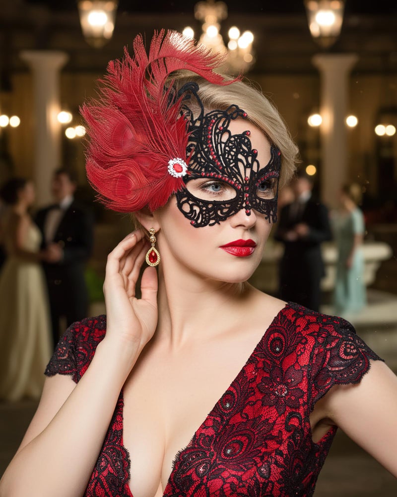 Zinniday Feather Red Masquerade Mask - Halloween Lace Eyemask with Removable Peacock Feathers, 1920s 50s Venetian Party Masks for Women Lady Couples Renaissance Cosplay Prom Dress Up - Image 2