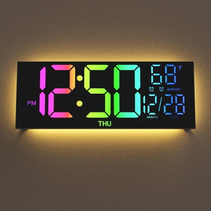 DIGITAL WALL CLOCK LARGE DISPLAY 13 LARGE DIGITAL WALL CLOCK WITH RGB COLOR REMOTE CONTROL AUTOMATIC BRIGHTNESS DIMMER BIG CLOCK WITH NIGHT LIGHTS AUTO DST DATE WEEKPERFECT FOR GIFT