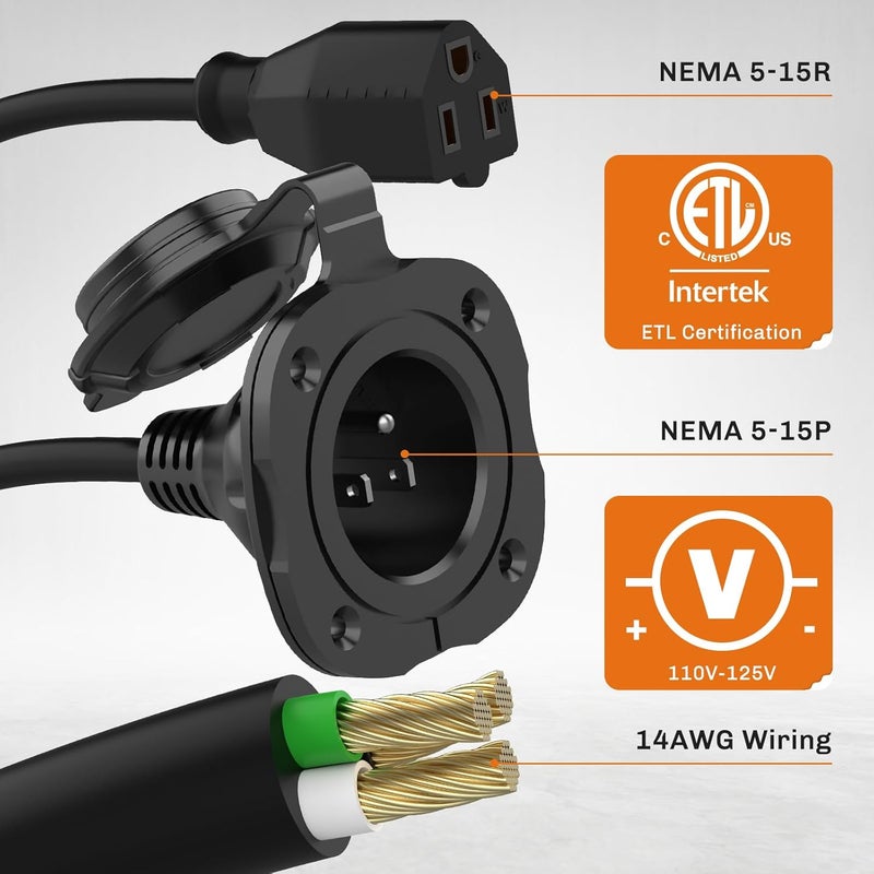 WELLUCK 15 Amp 125V AC Power Inlet Port Plug with Integrated 18" Extension Cord, NEMA 5-15 RV Flanged Inlet with Waterproof & Back Cover, 2 Pole 3-Wire Shore Power Plug for Boat - Image 5
