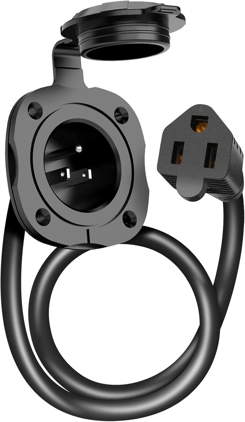 WELLUCK 15 Amp 125V AC Power Inlet Port Plug with Integrated 18" Extension Cord, NEMA 5-15 RV Flanged Inlet with Waterproof & Back Cover, 2 Pole 3-Wire Shore Power Plug for Boat - Image 1