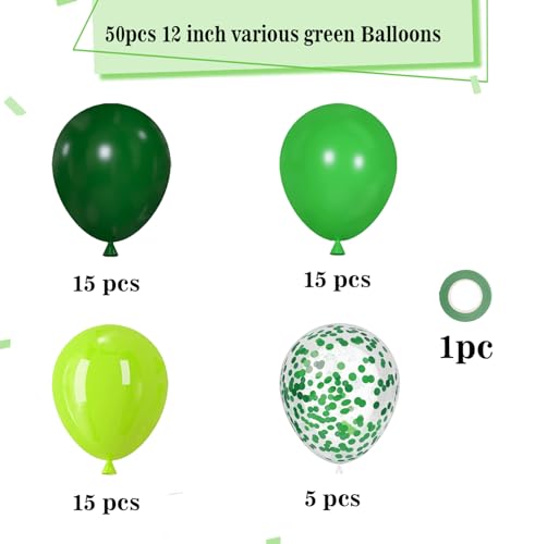 YMSZ Green Balloons 50pcs 12 inch Dark Green Emerald Green Lime Green Balloons for St Patricks Day Theme Party Supplies Jungle Safari Birthday Party Decorations - Image 5
