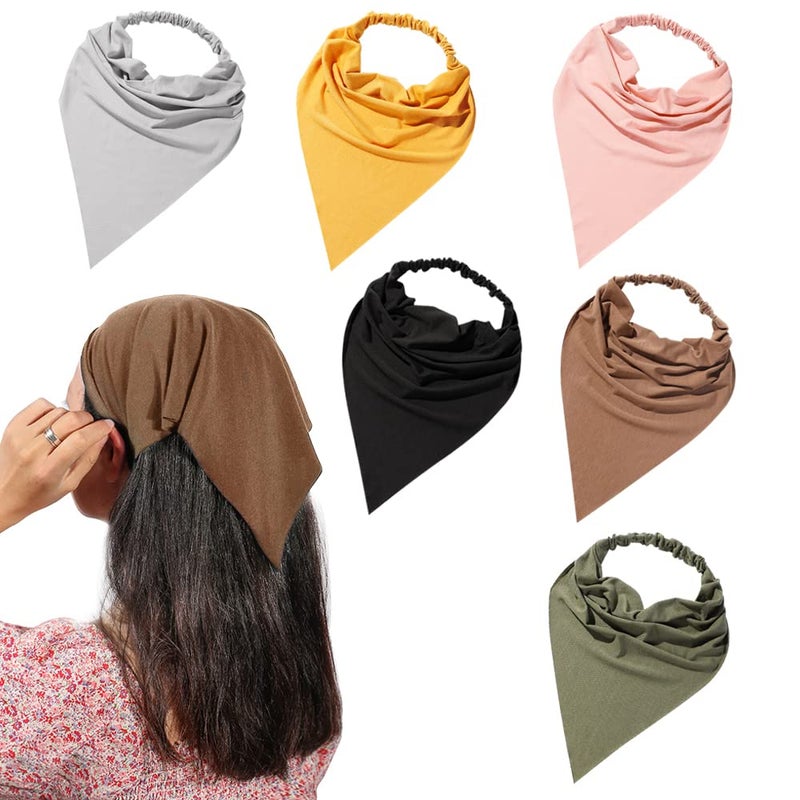 Vercret 6 Pack Hair Scarf Headband for Women - Elastic Hair Kerchief Large Boho Triangle Bandana Head Scarf with Clips Non Slip Solid Color Headbands Hair Scarves for Teen Girls - Image 1