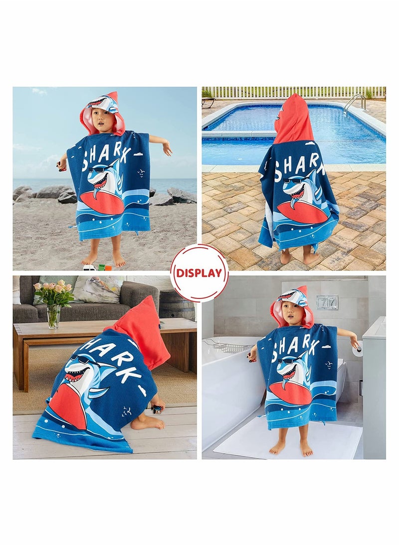 بيوينتي Soft Thicker Kids Hooded Bath Towel for Boys and Girls Ages 3-7 Navy Shark Design Perfect for Pool and Beach Use  - Image 2