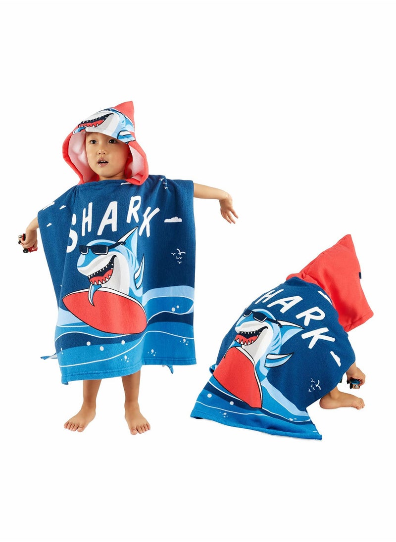 بيوينتي Soft Thicker Kids Hooded Bath Towel for Boys and Girls Ages 3-7 Navy Shark Design Perfect for Pool and Beach Use  - Image 1