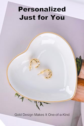 QUELIEN Trinket Dish Heart Shaped Ceramic Dish - Elegant White Jewelry Dish for Rings and Earrings, Heart Ring Tray with Gold Rim - Friendship Gift for Women, Perfect for Vanity, Sink, Nightstand Use - Image 3