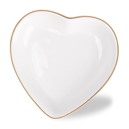 QUELIEN Trinket Dish Heart Shaped Ceramic Dish - Elegant White Jewelry Dish for Rings and Earrings, Heart Ring Tray with Gold Rim - Friendship Gift for Women, Perfect for Vanity, Sink, Nightstand Use - Image 1