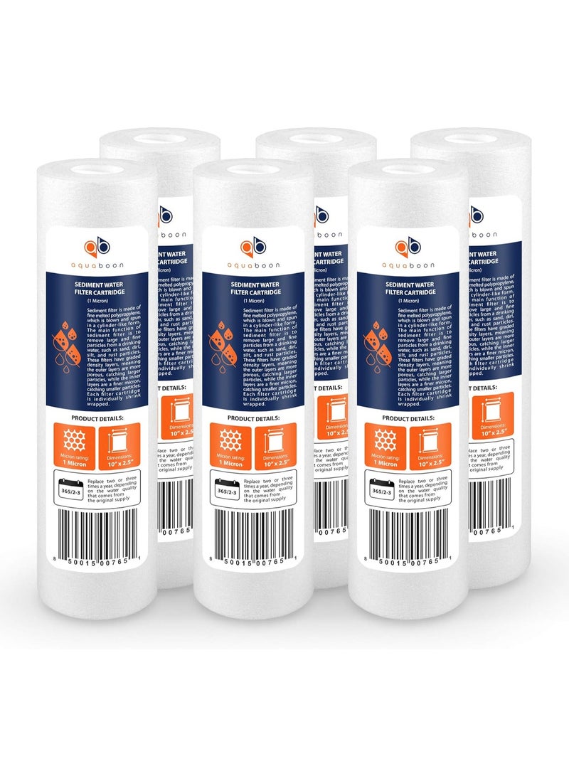 Aquaboon 1 Micron Whole House Sediment Filter 10 x 2.5 for RO & Well Water Filters Replacement Cartridges Compatible with AP110, WHKF-GD05, 6 Pack - Image 1