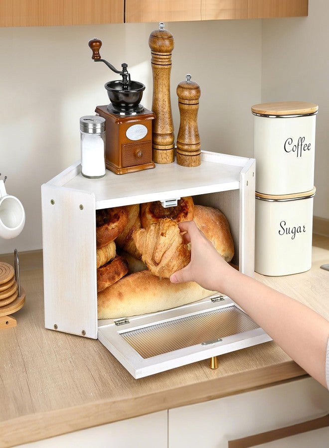 Ollieroo Vintage Coner Bread Box for Kitchen Countertop, Bamboo Bread Storage Container, Breadbox for Homemade Bread, Large Capacity Bread Bin(White) - Image 2
