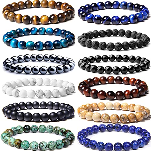 CASDAN 12PCS 8mm Semi-Precious Gemstones Beaded Bracelets for Men Women Tiger Eye Lava Rock Healing Crystal Stone Bead Bracelets Set (A: 12 PCS) - Image 1