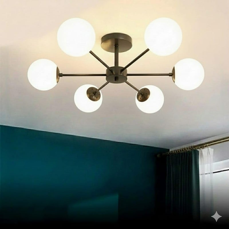 Modern Sputnik Ceiling Light, 6-Light Semi Flush Mount, White Globe Shades, Black Finish, Mid-Century Style