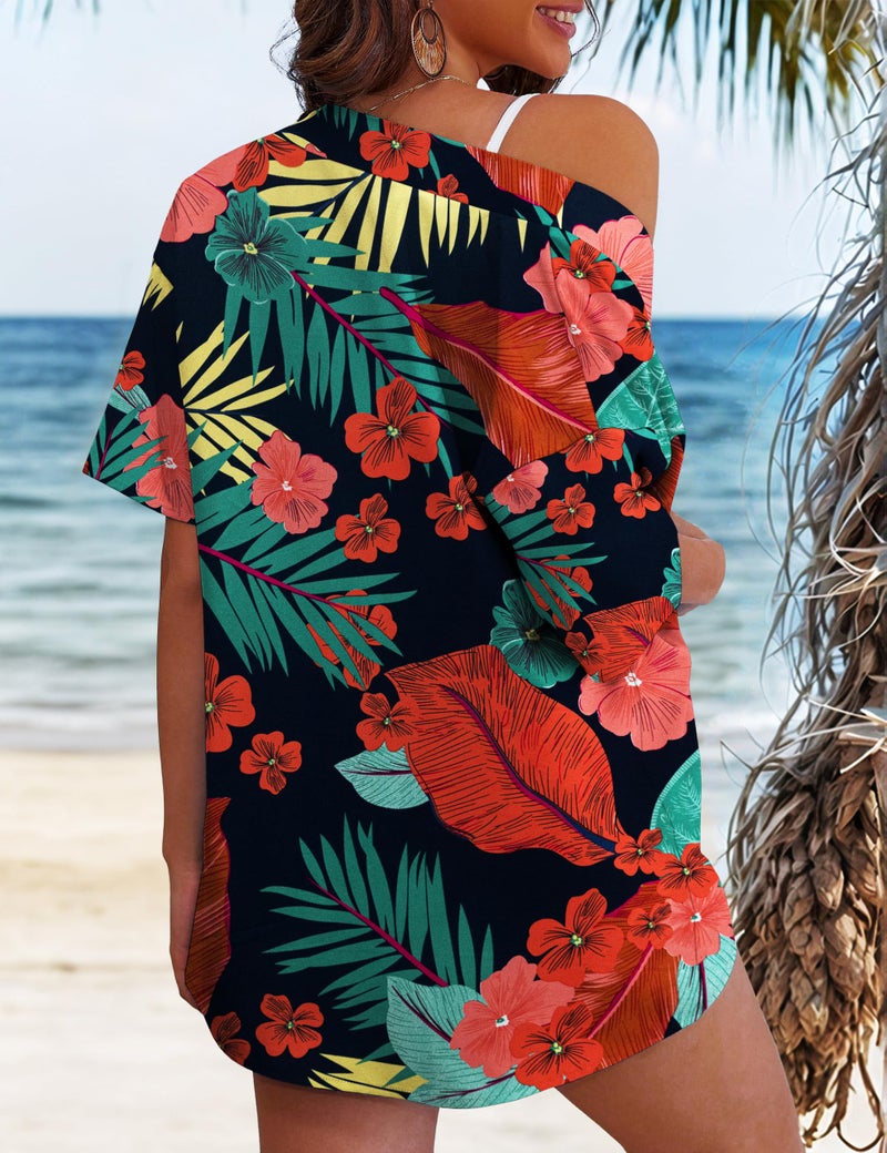 REDHOTYPE Women's 2 Piece Outfits Kimono Style Tropical Print Cover Ups Half Sleeve Blouse Shorts Set Summer Beachwear,Tropic Flower 01,M - Image 4