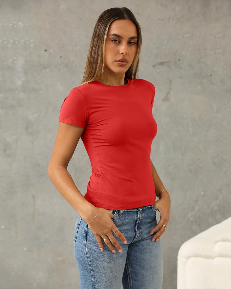 Abardsion Women's Casual Basic Going Out Crop Tops Slim Fit Short Sleeve Crew Neck Tight T Shirts 2026 (Big Red, S) - Image 3