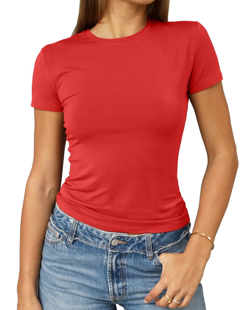 Abardsion Women's Casual Basic Going Out Crop Tops Slim Fit Short Sleeve Crew Neck Tight T Shirts 2026 (Big Red, S) - Image 1