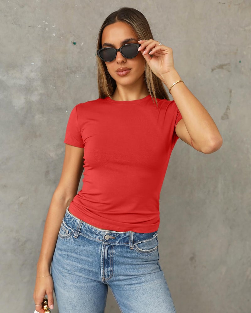 Abardsion Women's Casual Basic Going Out Crop Tops Slim Fit Short Sleeve Crew Neck Tight T Shirts 2026 (Big Red, S) - Image 2