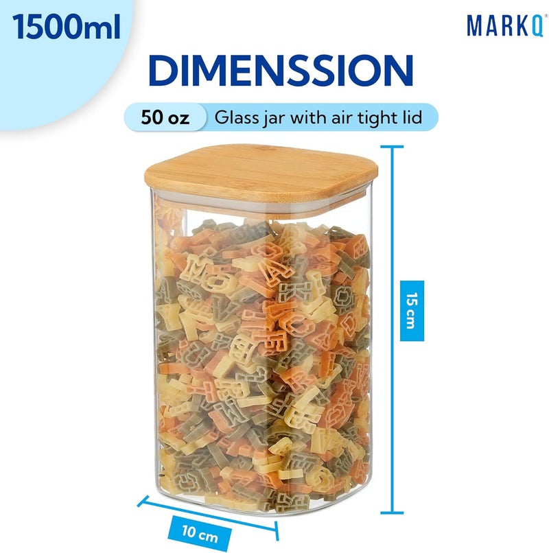 MARKQ برطمان تخزين زجاجي بغطاء من الخيزران، 1000 مل، 10x15 سم – حاوية محكمة الإغلاق متعددة الاستخدامات للتوابل، الوجبات الخفيفة، الفواكه المجففة، الحبوب وتنظيم المخزن، عبوة من 3 - Image 2