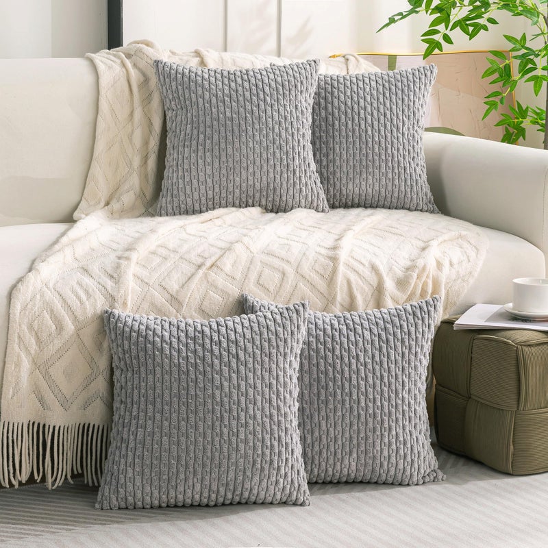 Cozoomy Set of 4 Grey Decorative Pillow Covers 18x18 Inch Corduroy Throw Pillow Covers for Bed Couch Sofa Living Room Soft Cushion Cases - Image 2