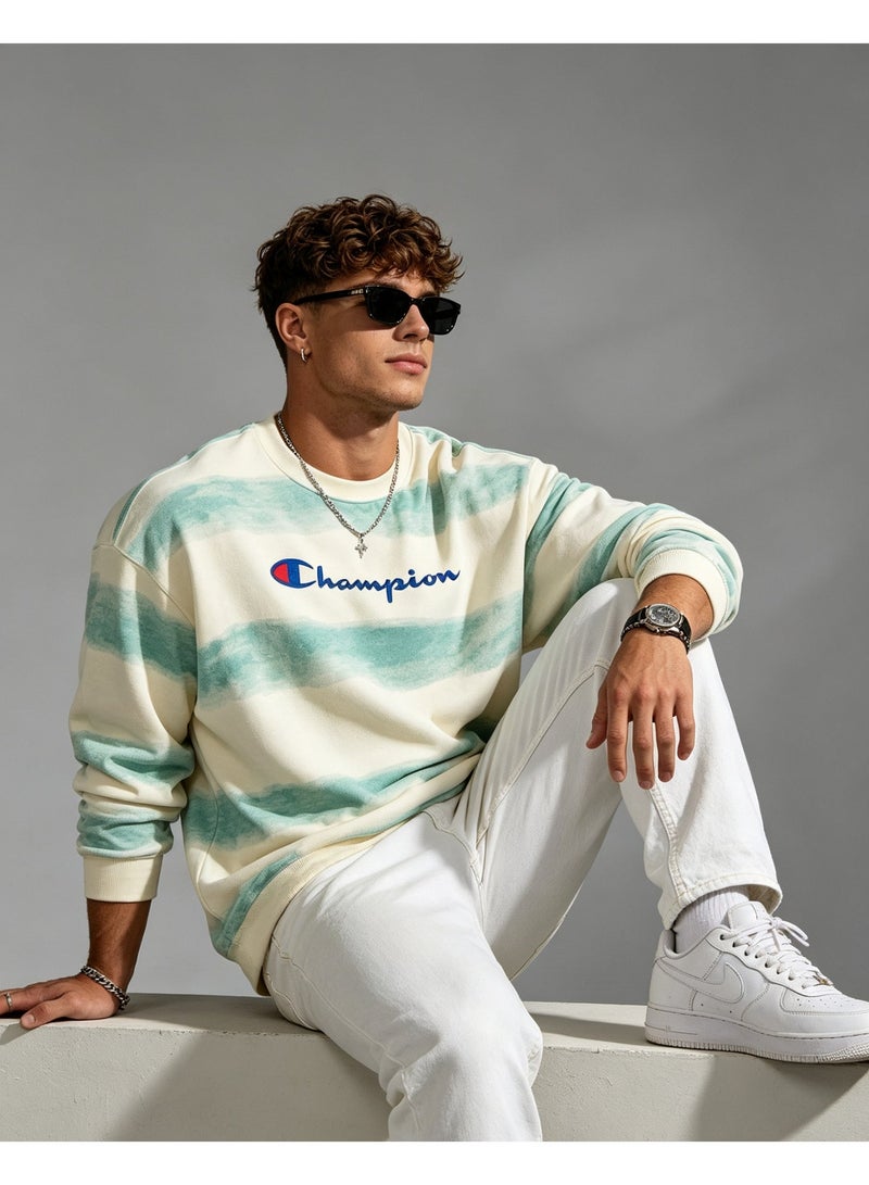 Champion Men Crew Neck Sweatshirt Oversized Vintage Washed Striped Long Sleeve Top Mint Green Off White - Image 1