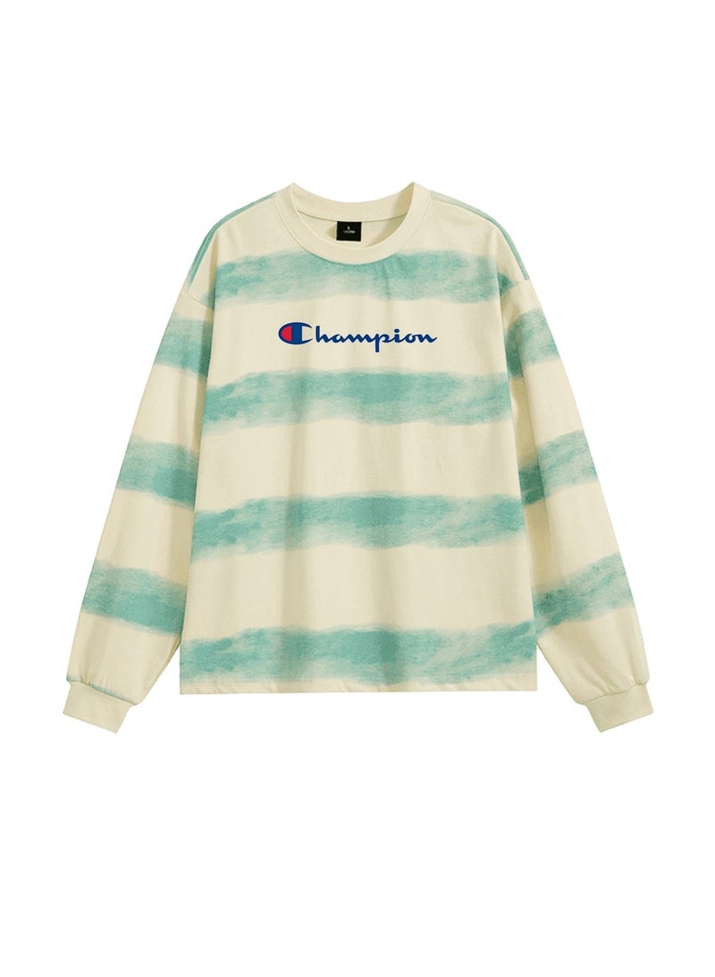 Champion Men Crew Neck Sweatshirt Oversized Vintage Washed Striped Long Sleeve Top Mint Green Off White - Image 3