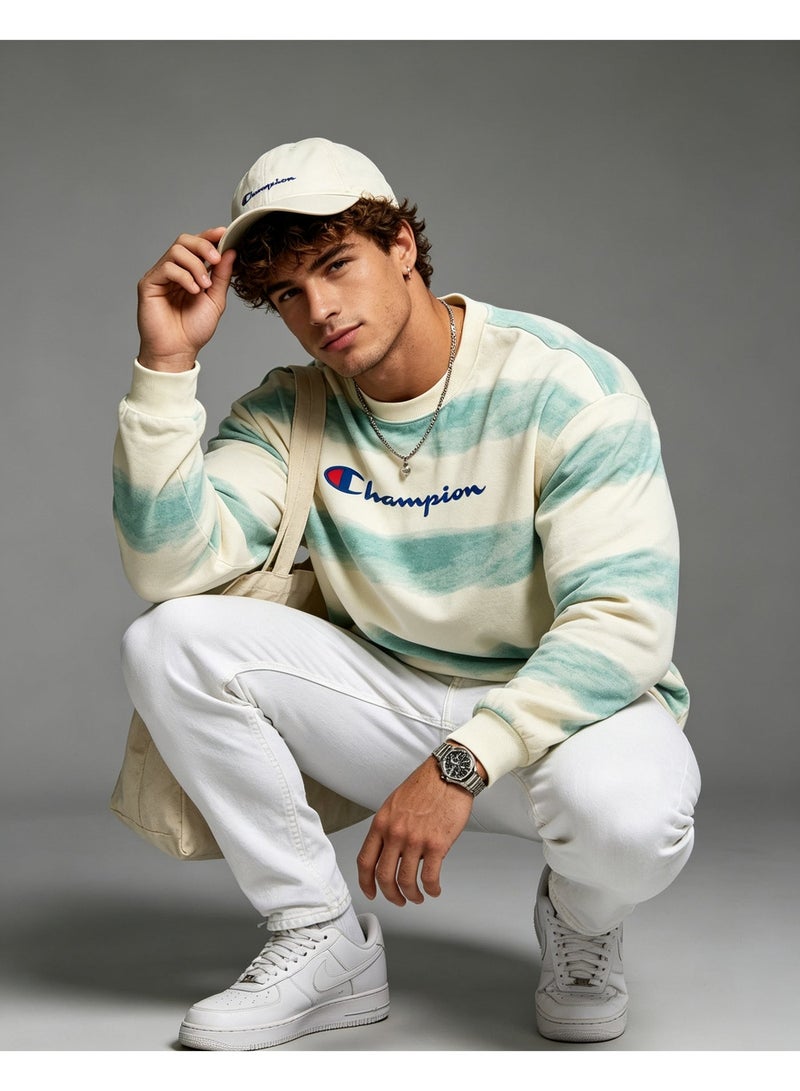 Champion Men Crew Neck Sweatshirt Oversized Vintage Washed Striped Long Sleeve Top Mint Green Off White - Image 4