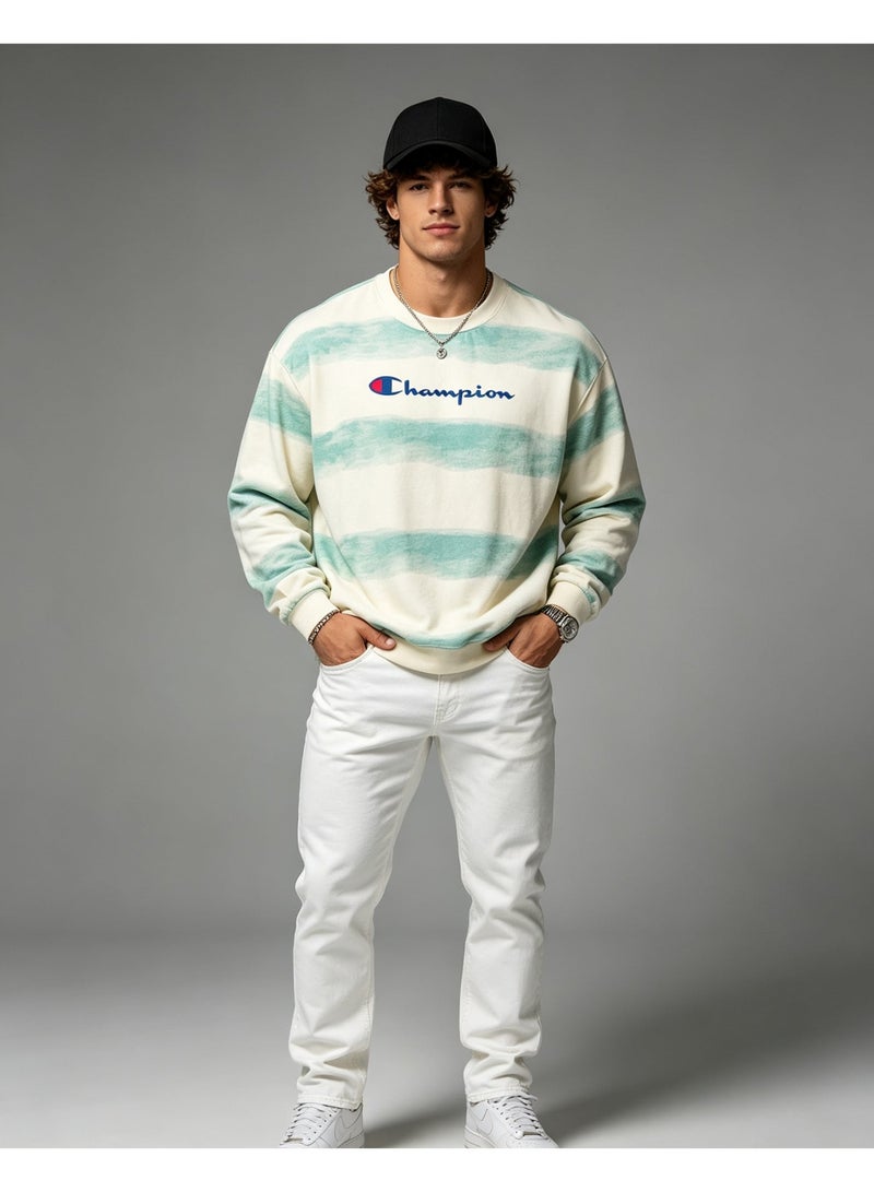 Champion Men Crew Neck Sweatshirt Oversized Vintage Washed Striped Long Sleeve Top Mint Green Off White - Image 5