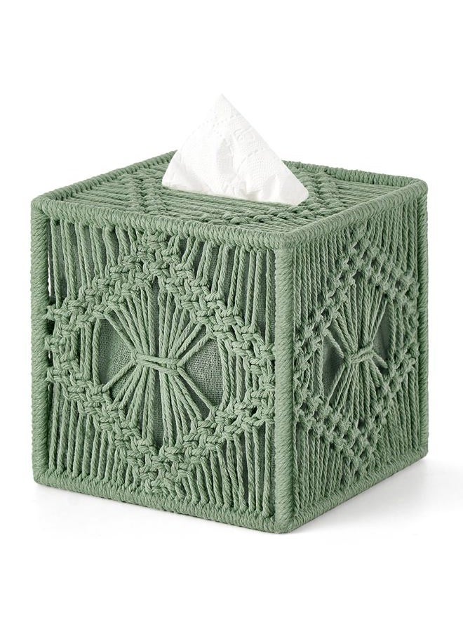 Mkono Tissue Box Cover Macrame Square Open-Bottom Tissue Box Holder Boho Decor Tissue Organizer Bohemian Handmade Woven Tissue Cube Box for Bathroom Bedroom Dresser Living Room Office Dorm, Green - Image 1