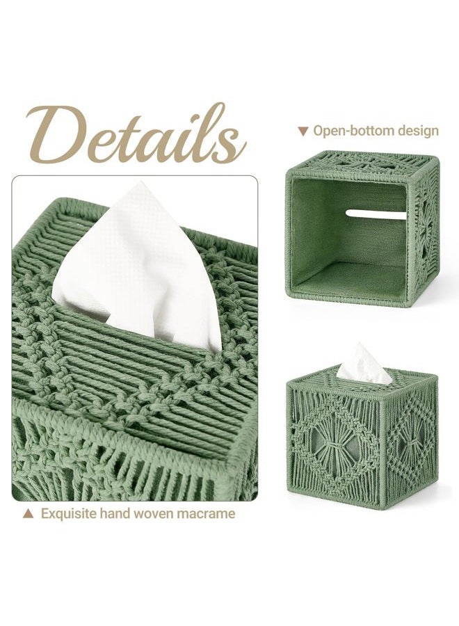 Mkono Tissue Box Cover Macrame Square Open-Bottom Tissue Box Holder Boho Decor Tissue Organizer Bohemian Handmade Woven Tissue Cube Box for Bathroom Bedroom Dresser Living Room Office Dorm, Green - Image 5