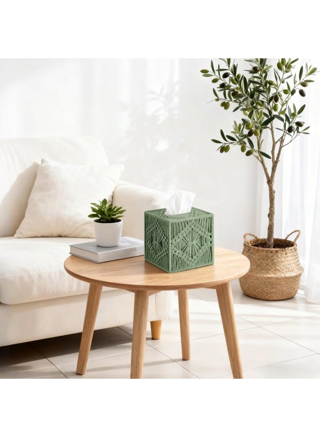 Mkono Tissue Box Cover Macrame Square Open-Bottom Tissue Box Holder Boho Decor Tissue Organizer Bohemian Handmade Woven Tissue Cube Box for Bathroom Bedroom Dresser Living Room Office Dorm, Green - Image 2
