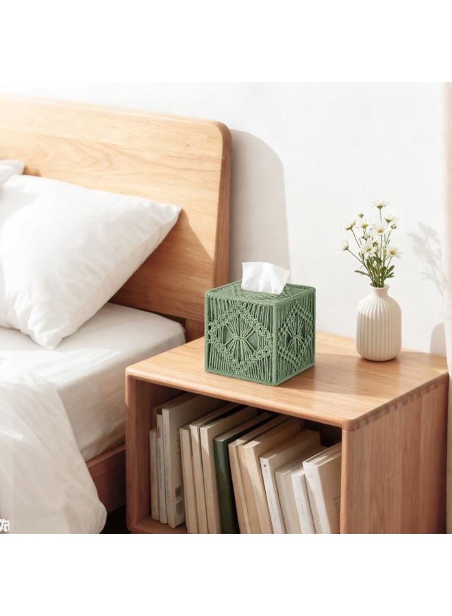Mkono Tissue Box Cover Macrame Square Open-Bottom Tissue Box Holder Boho Decor Tissue Organizer Bohemian Handmade Woven Tissue Cube Box for Bathroom Bedroom Dresser Living Room Office Dorm, Green - Image 4