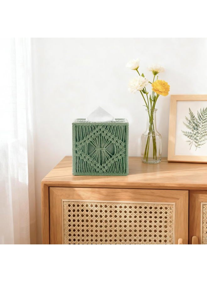 Mkono Tissue Box Cover Macrame Square Open-Bottom Tissue Box Holder Boho Decor Tissue Organizer Bohemian Handmade Woven Tissue Cube Box for Bathroom Bedroom Dresser Living Room Office Dorm, Green - Image 3