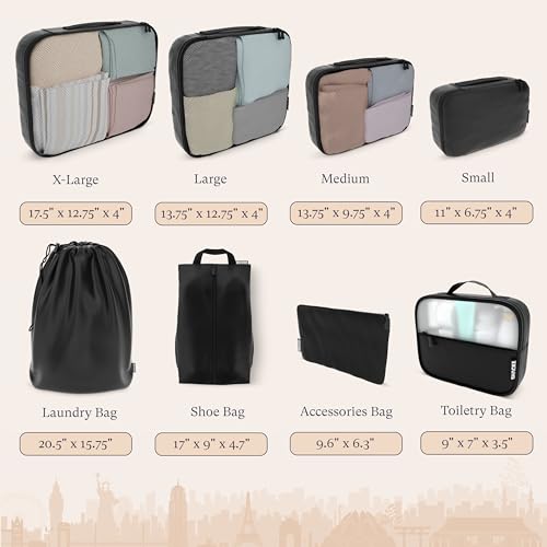 Shacke Premium 8 Packing Cubes Set - Lightweight Mesh Travel Luggage Organizers with Laundry Bag, 8-Piece Suitcase Storage System (Air Black) - Image 4