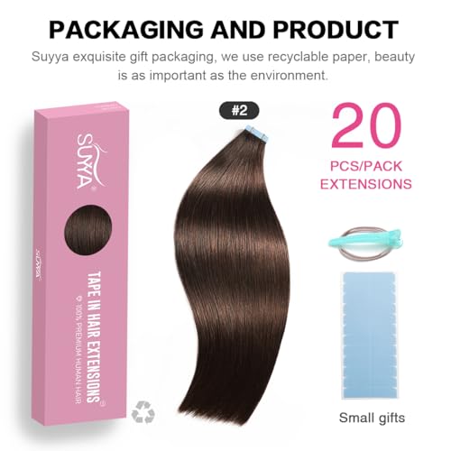 SUYYA Tape in Hair Extensions Human Hair Brown 100% Real Human Hair 12 inches 20pcs 40g/pack Straight Seamless Skin Weft Tape in Hair Extensions(12 inches #2 Darkest Brown) - Image 2