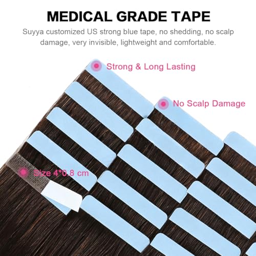 SUYYA Tape in Hair Extensions Human Hair Brown 100% Real Human Hair 12 inches 20pcs 40g/pack Straight Seamless Skin Weft Tape in Hair Extensions(12 inches #2 Darkest Brown) - Image 3