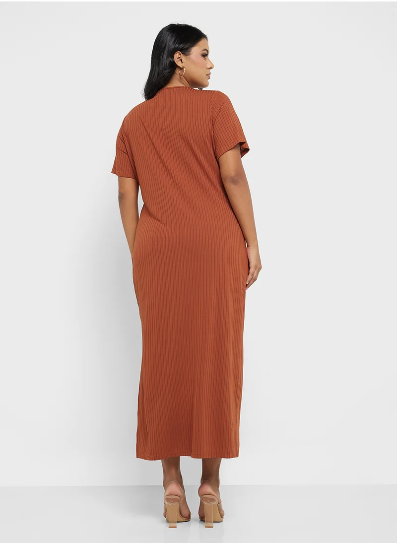 جينجر بلس Ribbed T-Shirt Dress With Side Slit