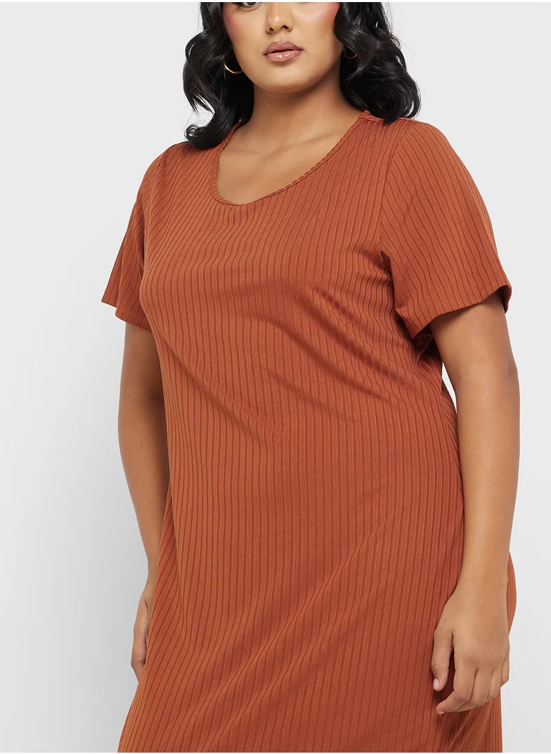 جينجر بلس Ribbed T-Shirt Dress With Side Slit