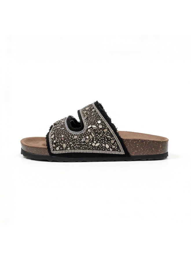 سليبر حريمي  مميز بدبل إبزيم معدني  مزين بالكريستال والخرز - Image 3