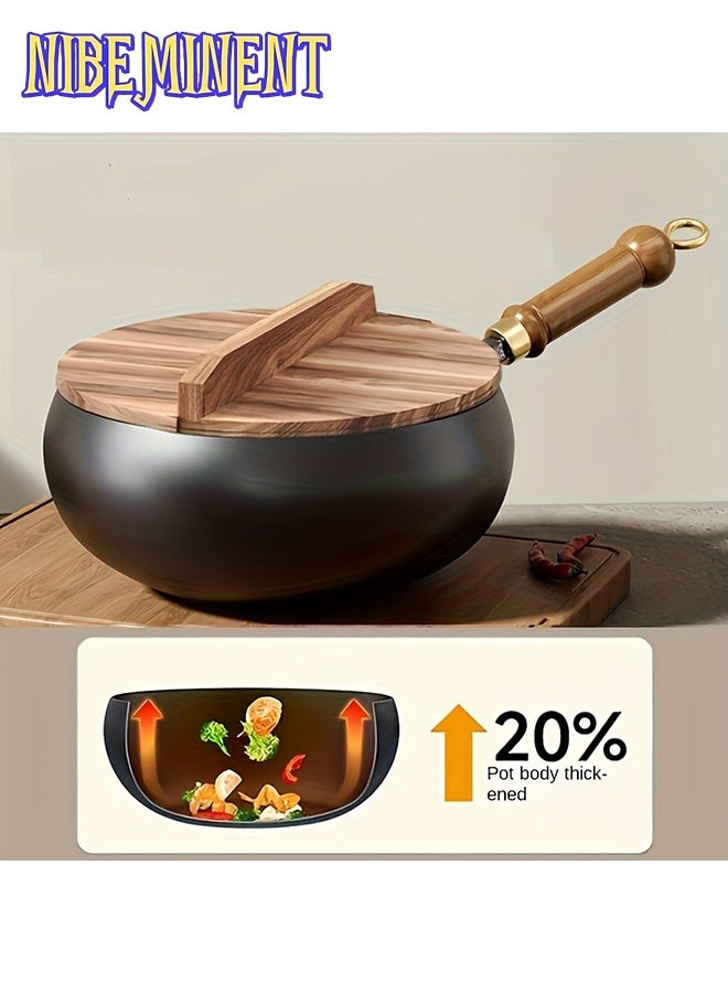 NIBEMINENT 1pc Potbelly Cast Iron Pan with Lid - Uncoated Heavy-Duty Construction, Even Heat Distribution & Retention, Multipurpose Frying & Searing, Easy-Clean Surface, Durable Cookware Essential for Home Cooks, Pans for Cooking,Searing Cookware,Natural Handle - Image 2