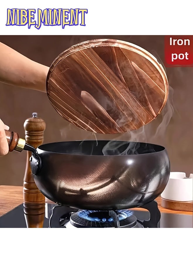 NIBEMINENT 1pc Potbelly Cast Iron Pan with Lid - Uncoated Heavy-Duty Construction, Even Heat Distribution & Retention, Multipurpose Frying & Searing, Easy-Clean Surface, Durable Cookware Essential for Home Cooks, Pans for Cooking,Searing Cookware,Natural Handle - Image 3